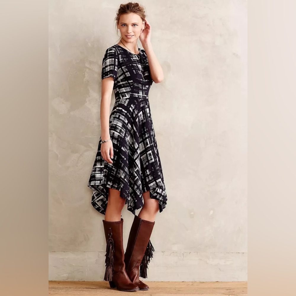 Anthropologie Coreylynncalter Painted Plaid Asymmetrical  Fit & Flare Dress Sz 6